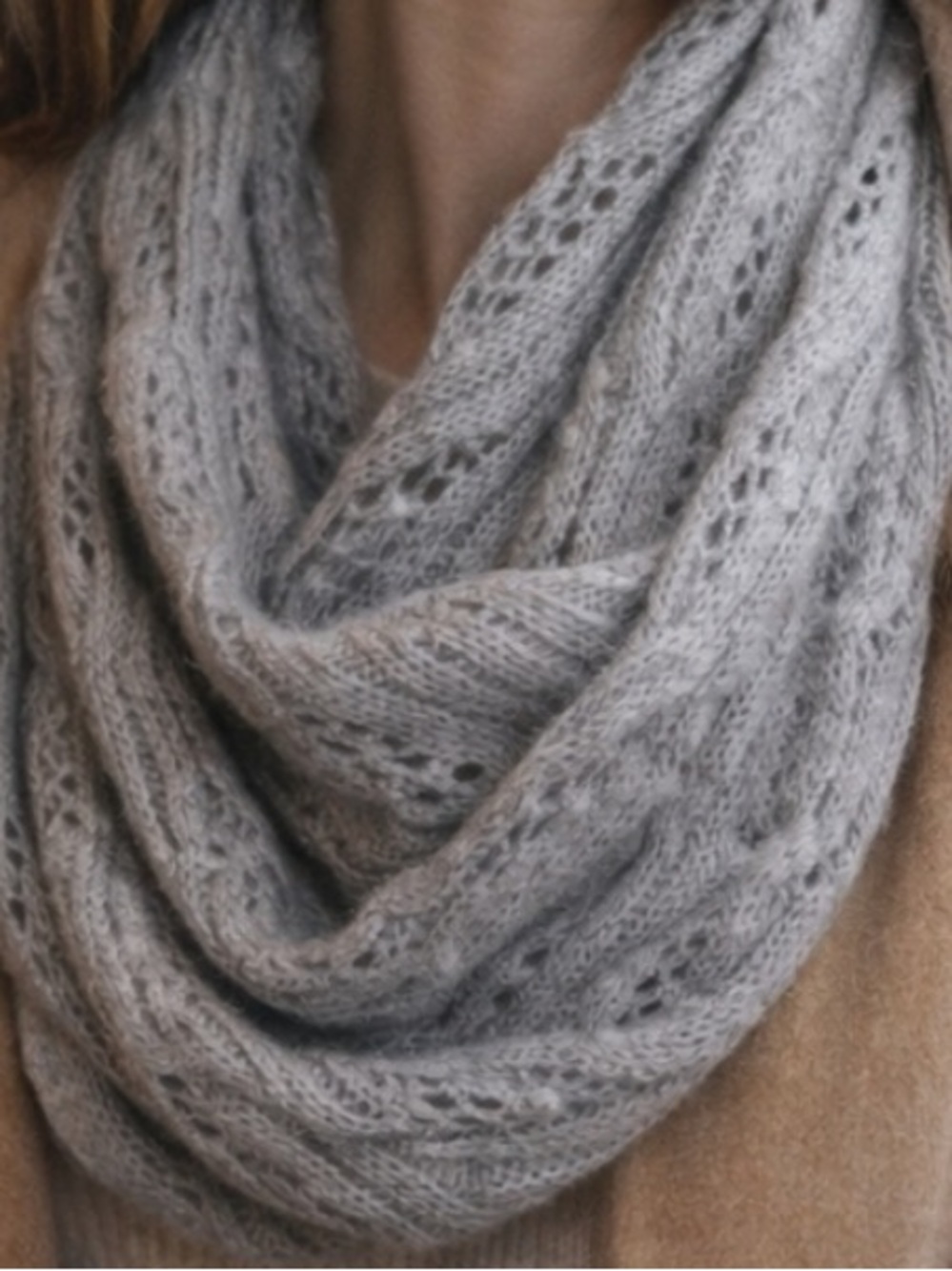 Wool Cashmere Eyelet Knit Infinity Scarf Fog Light Heather Gray New Celeste